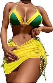 [Pitauce] Women's 3 Piece Swimsuits Sexy Bikini Sets Triangle Bathing Suit with Mesh Coverup Beach Fishnet Swimwear Mini Dress