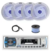 Pyle Marine Bluetooth Receiver, 4x 8'' 320W Blue Flash LED Speaker,Wire, Antenna