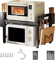 Microwave Oven Rack, 2-Tier Expandable Microwave Kitchen Storage & Organisation, Adjustable Countertop Microwave Stand,with 6 Hooks & Chopping Board Rack, Chopstick Rest, Knife Rack (Black)