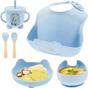 6Pcs Silicone Baby Feeding Set Easy to Grip Baby Tableware Set Non Slip Infant Weaning Supplies Foster Self Eating for Toddler(Blue)