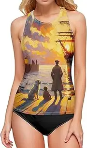 [Joitme] Halloween Pumpkins Night Swim Tops for Women, Small Plus Size Swim Top Tummy Control, Bathing Suit Top No Bottom, Impressionist Harbor Sunset, Medium