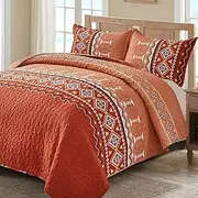 WONGS Bedding Boho Quilt Set Queen Size,3 PCS Burnt Orange/Rust Quilt Bedspread Lightweight Geometry Printed Coverlet Set with 2 Pillowcase,Soft Bohemian Bedding Set Queen 96"×90"