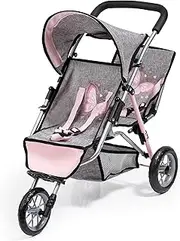 Bayer Design 39133AA DUO Twin Dolls pram, Double Stroller, with Three Wheels and cannopy, Security Belt, Jeans Optic Grey, Pink