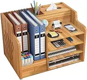 Hggzeg Updated Wooden Desk Organizer, Large Capacity Desk Tidy Storage Rack Sorter DIY Office Supplies Storage Box for A4 Papers, Books, Document and Notebook(Cherry Wood)