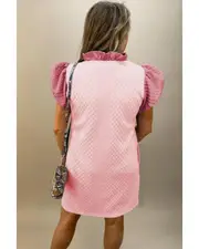 Light Pink Textured Puff Sleeve Ruffled V Neck Shift Mini Dress - XL