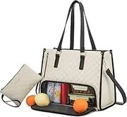 LOVEVOOK Lunch Tote Bag for Women, 15.6 Inch Laptop Bag with Insulated Lunch Compartment, Quilted Large Capacity Computer Handbag with Purse for Business, Work, Collage, Office, Casual, Beige-black