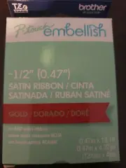 Brother P-Touch Embellish Print Satin Ribbon, Gold on Red NEW