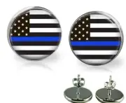 Thin Blue Line American Flag LEO Police Support Glass Top Stud Earrings 2 Sizes