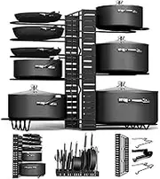 9SHOME Pot Pan Organiser Rack For Cabinet, Pot Lid Organizer Pan Holder Rack with 3 DIY Methods, Cookware Rack for Kitchen Cupboard Pantry, Height and Position Adjustable, Stainless steel