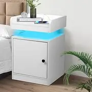 Levede LED Bedside Table with Charging Station, End Table Nightstand Cabinet Storage Drawers with 2 USB Chargers/2 Outlets, Modern Side Table Bedroom Livingroom Office(White)