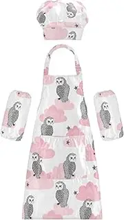 AIXIWAWA Kids Apron Chef Hat Set, Child Kitchen Bib Aprons Adjustable for Cooking Baking Painting (Cute Owls and Clouds)