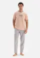 Salmon T-Shirt & Trousers Knitwear Set, Slogan Printed, Crew Neck, Regular, Long Leg, Short Sleeve Sleepwear for Men