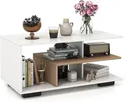 [Giantex] Coffee Table with Storage, Modern Rectangular Center Table with L-Shaped Middle Shelf, Versatile 3-Tier Geometric Table for Living Room, Reception Room, White
