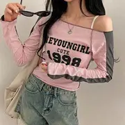 Long Sleeve Cold Shoulder Color-Block Lettering Print Slim-Fit Top Pink - L
