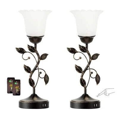 Set of 2 Touch Bedside Vintage Lamps with 2 USB Ports, 3-Way Dimmable Flower
