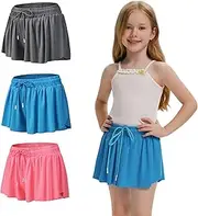 [Yknktstc] 3 Pack Girls Flowy Shorts with Pockets 2 in 1 Youth Teen Kids Athletic Butterfly Skirts Running Sports Dance Skort