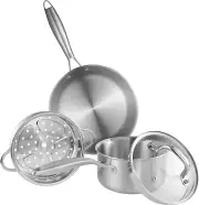 3-Ply Stainless Steel Cookware Set - 1.5 Quart Saucepan with Steamer Basket & 7"