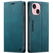 SupRShield For Apple iPhone 15 Plus Case RFID Blocking Retro Flip Premium Leather Card Holder Wallet Cover - Cyan Blue