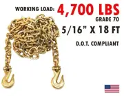 5/16"x 18' Binder Transport Chain Cargo Flatbed Grade 70 w/ Clevis Grab Hooks