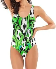 [RPLIFE] Soccer Balls Green Low Back Bathing Suits for Women, One-Piece Swimsuit with Padding Womens Swimsuits One-Piece Athletic