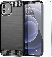 [Asuwish] Phone Case for iPhone 12 Pro iPhone12 6.1 with Tempered Glass Screen Protector Cover and Slim Thin Soft TPU Cell Accessories Protective iPhone12pro 5G i 12s 12pro Women Men Carbon Fiber Black