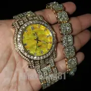 MEN'S HIP HOP GOLD PT MARBEL DIAL WATCH & ICED BAGUETTE CHAIN BRACELET SET