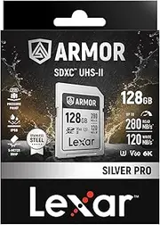 Lexar ARMOR SILVER PRO SDXC UHS-II Memory Card, 128 GB, Maximum Read Speed, 280 MB/s Maximum Write Speed, 120 MB/s 6K Support, Professional Video Recording Manufacturer