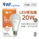 2入 【舞光】 LED 20W 3000K 黃光 E27 全電壓 球泡燈 WF520306