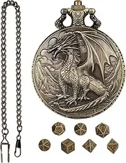 Pocket Watch Shell Case - Role Playing Dice Set | Dragon Watch Pocket Case | Vintage Steampunk Dice | Dragon Embossed Watch Set | Engraved Pocket Shell Themed Watch Case for Friends