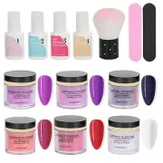 Nail Dipping Powder Set Nail Art Powder Top Base Coat Gel Dust Brush Manicure US
