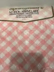 Vintage Marvelaire Springmaid Pink Checked Gingham Double Fitted Sheet 54” X 76”
