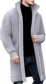 [Qolkmuiy-GJ] Mens Knit Long Open Front Cardigan Stand Collar Knitted Open Sweaters Winter Warm Long Sleeve Cardigans, Grey, Medium