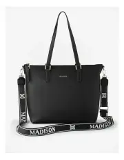 [Madison Accessories] Inga Large Zip Top Tote Bag with Laptop Pocket + Monogram Stripe Strap in Black