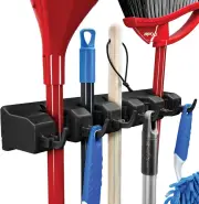Mop and Broom Holder Wall Mount - Garage Storage Organizer with 5 Slots, 6 Hooks