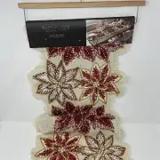 Rachel Zoe Table Runner Red Beaded Poinsettia 14x52"