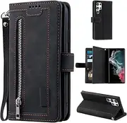 UEEBAI Wallet Case for Samsung Galaxy S22 Ultra 5G, Retro 9 Card Holder Slots Zipper Pocket Handbag Case PU Leather Magnetic Closure Kickstand with Wrist Strap TPU Shockproof Flip Case - Black