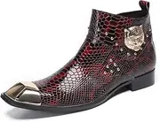 [Generic] Men Ankle Chelsea Boots Stylish Tiger Head Design Dress Party Handmade Genuine Leather Western Boot Metal Plain Toe with Side Zipper Cowboy Boots for Men ?