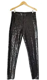 ST JOHN Flat Front Side Zip Holiday Sequin Black High Waisted Pant L NWT YJ01
