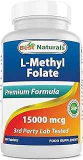 Best Naturals Methyl Folate 15000 mcg (15mg) (Most Bio-Available) 60 Tablets - Supports Cell Formation Growth Function, Brain, Memory, Cardiovascular Health