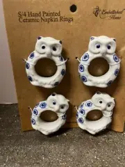 Ceramic Vtg Owl Napkin Rings Holders Set Of 4 Embellished Home New Hand Painted