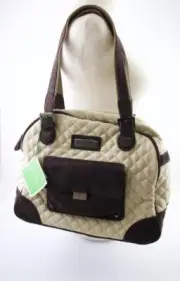 Vera Bradley Quilted Tan Beige Khaki Bowler Bag Dk. Brown Suede Trim NWT Retired