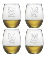 Susquehanna Glass Set of 4 Feline Faces Assortment Stemless Wine Tumblers
