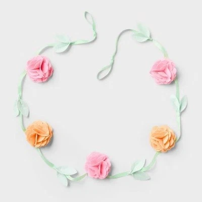 Spritz Garland Pastel Felt Flowers with Green Grosgrain Ribbon 5 Feet Long
