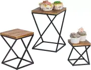 Brown Wood and Black Metal Pizza Riser Display Rack, Cupcake Risers, 3 Piece Set