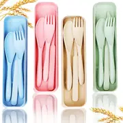 Travel Utensil Set with Case, Wheat Straw Reusable Spoon Chopstick Forks Tableware for Kids Travel Picnic Camping Daily Use (4 Sets)