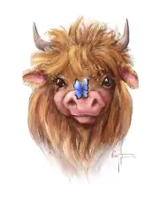 Highland Kuh Coo Cow Canvas Art Print Blue Butterfly Whimsical Modern Animal