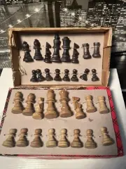 Vintage Old Carved Wood Chess Piece Set Wooden In Box