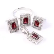 Garnet Ring Earrings Pendant Jewelry Set-Art Deco Cluster Jewelry-Square Geometr