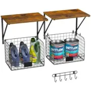 2 Pack Garage Shelves Wall Mounted with Wire Storage baskets, Heavy Duty Wood