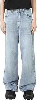 [Generic] Men's Loose Fit Hip Hop Streetwear Jean Baggy Wide Denim Jeans Vintage Dance Y2k Skateboard Pants, Light Blue 3, Small